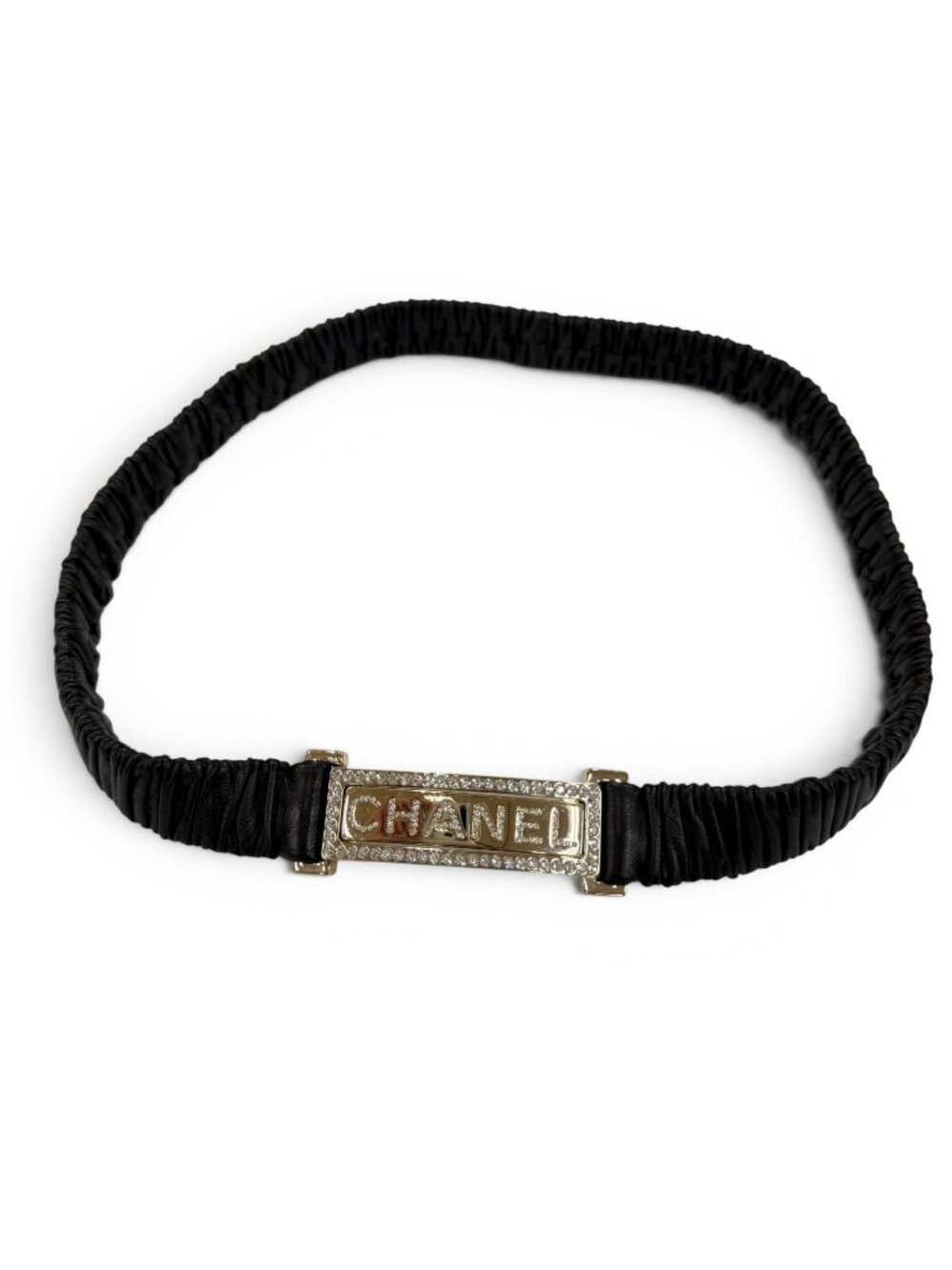 Chanel 23c Logo Buckle Rhinestone Leather Belt Black Gold